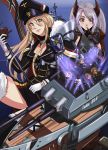  2girls 5boys absurdres azur_lane bangs bismarck_(azur_lane) black_legwear blonde_hair blue_eyes breasts charleianbrown cleavage drum drum_set drumsticks electric_guitar eyebrows_visible_through_hair finger_to_mouth flag flag_print gloves guitar hair_between_eyes hat headgear highres instrument iron_cross long_hair military military_uniform mole mole_on_breast multicolored_hair multiple_boys multiple_girls prinz_eugen_(azur_lane) red_hair rigging rock_band sabaton_(band) sideboob silver_hair streaked_hair sunglasses two_side_up uniform 