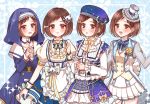 4girls :3 :o apron bang_dream! beret blue_background blue_skirt blush bow bowtie braid brown_eyes brown_hair chino_machiko cup double-breasted dress frilled_apron frilled_hat frilled_shirt_collar frilled_skirt frills hair_ornament hands_clasped hands_together hat hazawa_tsugumi jacket lace long_sleeves multiple_girls multiple_persona nun own_hands_together puffy_short_sleeves puffy_sleeves see-through see-through_sleeves short_sleeves skirt sparkle starry_sky_print teacup teapot top_hat vest wrist_cuffs 
