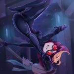  1girl amanda_o&#039;neill ass black_bodysuit bodysuit breasts broom goggles grin high_heels highres legs little_witch_academia medium_breasts multicolored_hair orange_hair red_hair short_hair smile solo toastyscones two-tone_hair 