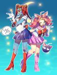  2girls bishoujo_senshi_sailor_moon blue_skin boots bow cat_girl cosplay eyepatch fang fish_girl gloves high_heel_boots high_heels highres mad_mew_mew magical_girl monster_girl multiple_girls pink_hair red_hair ribbon sailor_chibi_moon_(cosplay) sailor_moon_(cosplay) skirt tail twintails undertale undyne wink 