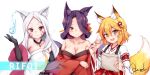  3girls animal_ear_fluff animal_ears apron bangs black_gloves blonde_hair blue_fire blush breasts brown_apron brown_eyes character_request chrisandita cleavage commentary commission double_fox_shadow_puppet dress elbow_gloves english_commentary eyebrows_visible_through_hair facial_mark fire flower forehead fox_ears fox_girl fox_shadow_puppet fox_tail gloves hair_between_eyes hair_flower hair_ornament hand_up hitodama japanese_clothes kimono large_breasts long_hair long_sleeves miko multiple_girls off_shoulder parted_bangs purple_hair red_eyes red_flower red_kimono ribbon-trimmed_sleeves ribbon_trim senko_(sewayaki_kitsune_no_senko-san) sewayaki_kitsune_no_senko-san shiro_(sewayaki_kitsune_no_senko-san) short_eyebrows signature silver_hair simple_background strapless strapless_dress tail thick_eyebrows white_background white_dress white_kimono wide_sleeves 