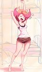  1girl absurdres amanda_o&#039;neill arms_up bare_arms barefoot bed black_bra bra breasts cleavage collarbone eyes_closed full_body highres indoors legs little_witch_academia medium_breasts multicolored_hair open_mouth orange_hair pajamas red_hair shirt short_hair shorts sleeveless solo sports_bra standing tiptoes toastyscones tongue two-tone_hair underwear upper_teeth white_shirt 