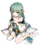  1girl alternate_breast_size bangs bare_legs barefoot collarbone commentary_request crossed_bangs eyebrows_visible_through_hair fate/grand_order fate_(series) flat_chest full_body green_eyes green_hair hair_between_eyes highres holding_clothes horns katoroku kiyohime_(fate/grand_order) long_hair looking_at_viewer off_shoulder open_mouth simple_background single_thighhigh solo straight_hair thighhighs twitter_username white_background 