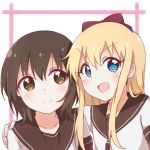  2girls araki495 blonde_hair blue_eyes blush brown_eyes brown_hair funami_yui hairband long_hair multiple_girls open_mouth short_hair simple_background smile toshinou_kyouko touching yuru_yuri 