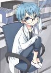  1boy blue_eyes blue_hair chair child glasses male_focus original os_(os_fresa) oversized_clothes sitting sleeves_past_wrists socks solo 