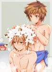  2boys bath blonde_hair blush brown_eyes brown_hair feather_(granblue_fantasy) gran_(granblue_fantasy) granblue_fantasy green_eyes male_focus male_only multiple_boys muscle vee_(granblue_fantasy) yaoi yubeshimochi 