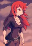  1girl angry bodysuit breasts choker cleavage cloud collarbone cowboy_shot highres little_witch_academia long_hair matching_hair/eyes medium_breasts red_eyes red_hair shiny_chariot solo toastyscones wand 
