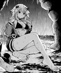  1girl absurdres adult_neptune bare_legs bare_shoulders barefoot bikini black_choker blush boots_removed breasts choker d-pad d-pad_hair_ornament eudetenis frown full_body greyscale hair_ornament highres hood hooded_jacket huge_filesize jacket knee_up legs long_hair medium_breasts monochrome neptune_(series) off_shoulder open_clothes open_jacket rain shin_jigen_game_neptune_vii sitting solo swimsuit thighs undressing usb very_long_hair wet wet_clothes 