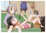  2girls ashida_ichirou backpack bag bandaid bandaid_on_knee bird black_hair blush breast_grab camisole collarbone couch engrish feet grabbing green_eyes grey_hair hair_ornament hand_on_another&#039;s_head indoors kuraue_hinata lap_pillow long_sleeves lying multiple_girls navel owl purple_eyes ranguage short_hair shorts sleeveless smile twintails window yama_no_susume yukimura_aoi yuri 