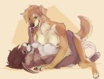  2018 anthro breasts brown_eyes brown_hair brown_nose canid canine canis cheek_tuft chest_tuft claws domestic_cat domestic_dog duo elbow_tufts felid feline felis female female/female fur hair hand_on_hip hi_res interspecies lying mammal multicolored_fur nerton nipples on_back open_mouth open_smile pawpads simple_background smile tan_fur toe_claws tongue tongue_out tuft two_tone_fur 