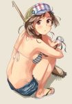  1girl artist_name baseball_cap bikini braid broom brown_eyes cloud_hair_ornament denim denim_shorts from_behind gradient_hair grey_background grey_bikini grey_bikini_top hat kantai_collection light_brown_hair long_hair looking_at_viewer makio_(makiomeigenbot) minegumo_(kantai_collection) multicolored_hair sandals shorts side-tie_bikini simple_background solo squatting striped striped_bikini swimsuit twin_braids 