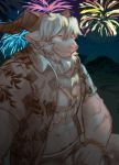  abs anthro azazel_(tas) biceps blonde_hair bovid caprine chain clothed clothing curtis_wuedti detailed_background fireworks goat hair hi_res horn male mammal muscular muscular_male open_shirt pecs smile solo tokyo_afterschool_summoners topwear video_games 