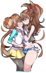  2girls baseball_cap blue_eyes blush brown_hair creatures_(company) double_bun enpe game_freak hair_bun hand_on_another&#039;s_face hat highres looking_at_another looking_at_viewer low_twintails mei_(pokemon) multiple_girls nintendo pantyhose pokemon pokemon_(game) pokemon_bw pokemon_bw2 ponytail shirt short_shorts shorts skirt sweatdrop touko_(pokemon) twintails visor_cap yuri 