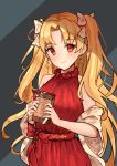  1girl bangle bangs bare_shoulders bitter_sweet_(fate/grand_order) blonde_hair blush box bracelet breasts casual closed_mouth cross cross_necklace dress earrings ereshkigal_(fate/grand_order) eyebrows_visible_through_hair fate/grand_order fate_(series) gift gift_box hair_ribbon hands_up highres holding holding_gift hoop_earrings infinity jewelry leatzche long_hair looking_at_viewer medium_breasts nail_polish necklace off_shoulder parted_bangs red_dress red_eyes red_ribbon ribbon ring shawl simple_background sleeveless sleeveless_dress smile solo straight_hair two-tone_background two_side_up upper_body valentine very_long_hair white_ribbon 