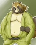  2019 anthro belly brown_fur canid canine clothing fur gyobu humanoid_hands jinku_56 leaf male mammal moobs navel overweight overweight_male raccoon_dog robe scar solo tanuki tokyo_afterschool_summoners video_games 
