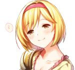  1girl blonde_hair breasts cleavage collarbone djeeta_(granblue_fantasy) granblue_fantasy hair_intakes hairband head_tilt highres kori_(etinop) looking_at_viewer pink_hairband portrait shiny shiny_hair short_hair shoulder_armor simple_background small_breasts smile solo spaulders speech_bubble white_background yellow_eyes 