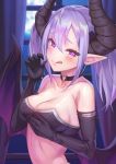  1girl :q ahoge bangs bare_shoulders black_choker black_gloves blush breast_lift breasts choker cleavage closed_mouth collarbone curtains demon_girl demon_horns demon_wings elbow_gloves erect_nipples eyes_closed fellatio_gesture full_moon gloves hair_between_eyes heart heart-shaped_pupils heart_ring horns indoors kkamja long_hair looking_at_viewer medium_breasts moon naughty_face night original pointy_ears purple_eyes purple_hair purple_wings smile solo strapless symbol-shaped_pupils tongue tongue_out tubetop twintails upper_body window wings 