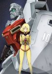  1girl blonde_hair bodysuit commentary_request gun gundam helmet mecha mobile_suit_gundam sayla_mass shield short_hair solo spacesuit tsunashima_shirou weapon 