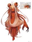  1girl absurdres claws extra_arms extra_eyes female flat_chest hair_over_eyes hermit_crab highres menyang monster_girl original red_skin reference_photo simple_background solo white_background 