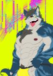  2019 abs anthro black_hair blue_fur body_hair bulge canid canine canis chest_hair clothing countershade_arms countershade_face countershade_torso countershading fur grey_countershading hair happy_trail hi_res jockstrap kemono lost_out_gi male mammal muscular muscular_male nipples obliques open_mouth open_smile sharp_teeth smile solo teeth underwear 