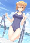  1girl :o bangs bare_arms bare_legs bare_shoulders barefoot blue_sky blue_swimsuit blush breasts brown_hair cleavage cloud competition_school_swimsuit day double_bun dutch_angle eyebrows_visible_through_hair fence gluteal_fold hair_between_eyes hajime_kaname highres koiwai_yoshino leg_up looking_at_viewer masamune-kun_no_revenge medium_breasts open_mouth outdoors pool pool_ladder poolside short_hair sky solo sparkle swimsuit tareme thigh_gap water water_drop 