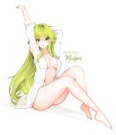  1girl arm_up artist_name bare_legs barefoot blush breasts elsword full_body green_eyes green_hair hair_intakes large_breasts long_hair looking_at_viewer mal_poi medium_breasts naked_shirt navel nude open_mouth pointy_ears rena_erindel shirt simple_background sitting solo white_background white_shirt 