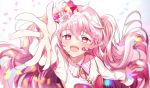  1girl :d blush bow dabi_(dabibubi) elsword fingernails hair_bow headset idol jewelry laby_(elsword) long_hair open_mouth outstretched_hand petals pink_bow pink_eyes pink_hair ring sharp_teeth shirt smile solo teeth upper_body white_background 