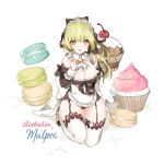  1girl alternate_costume apron black_bow black_panties bow breasts cherry cleavage cravat cupcake elsword enmaided food fruit full_body green_eyes green_hair hair_bow kneeling large_breasts long_hair looking_at_viewer macaron maid mal_poi open_mouth panties pointy_ears ponytail rena_erindel simple_background smile solo thigh_strap thighhighs thighs underwear white_apron white_background white_legwear white_neckwear 