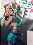  1girl artist_name black_footwear black_gloves blush boots breasts brown_hair cephalopod_eyes dark_skin embarrassed english_text fang female fingerless_gloves flying_sweatdrops from_behind gloves gradient_hair green_eyes green_hair green_legwear hand_up have_to_pee headphones iida_(splatoon) kakuume leg_up long_hair medium_breasts mole mole_under_mouth multicolored_hair nintendo open_mouth pantyhose shiny shiny_hair signature smile solo speech_bubble splatoon splatoon_(series) splatoon_2 standing standing_on_one_leg talking tentacle tentacle_hair text_focus zipper 