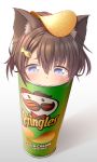  1girl :3 animal_ears blue_eyes brown_hair cat_ears chips denchisoft fish_hair_ornament food food_on_head hair_ornament highres object_on_head original personification photo-referenced potato_chips pringles sad short_hair simple_background stuck tears 