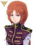  1girl breasts closed_mouth commentary_request gacha-m gundam gundam_unicorn long_hair looking_at_viewer marida_cruz military military_uniform orange_hair ponytail purple_eyes simple_background solo uniform white_background 