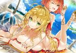  2girls ;d absurdres ahoge alternate_costume ass beach bikini bird blonde_hair blue_sky braid breasts closed_mouth cross-laced_footwear day dutch_angle eyebrows_visible_through_hair fate/grand_order fate_(series) fujimaru_ritsuka_(female) green_eyes hair_intakes hair_ribbon high_heels highres horizon kou_mashiro large_breasts lens_flare long_hair looking_at_viewer lying multiple_girls nero_claudius_(fate)_(all) nero_claudius_(swimsuit_caster)_(fate) on_stomach one_eye_closed open_mouth outdoors red_bikini red_hair ribbon sandals side_braid sidelocks sitting sky smile striped striped_bikini swimsuit untied untied_bikini upper_teeth 