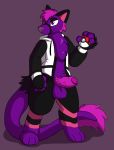 absurd_res anthro balls barefoot clothed clothing crisstail erection felid feline fur grinwald hi_res hoodie hybrid lion-panther male mammal nintendo partially_clothed penis pok&eacute;ball pok&eacute;mon pok&eacute;mon_trainer purple_fur solo video_games 