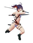  1girl ahoge bikini black_footwear black_gloves black_legwear blue_hair blush breasts carlo_montie dual_wielding full_body gloves highres holding holding_sword holding_weapon katana looking_at_viewer multicolored_hair navel open_mouth original purple_eyes red_hair running sheath shoes short_ponytail simple_background small_breasts solo striped striped_bikini swimsuit sword twisted_torso two-tone_hair weapon white_background 