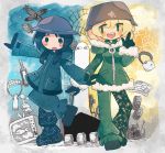  2girls @_@ absurdres black_eyes black_footwear black_gloves black_hair blonde_hair blue_eyes blush boots chibi chito_(shoujo_shuumatsu_ryokou) eyebrows_visible_through_hair fur-trimmed_sleeves fur_trim gloves green_pants highres hood hood_down lock long_sleeves looking_at_another low_twintails multiple_girls open_mouth padlock pants short_hair short_twintails shoujo_shuumatsu_ryokou smile sushinin teeth twintails yuuri_(shoujo_shuumatsu_ryokou) 