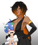  1boy 1girl age_difference black_hair blue_eyes blue_hair blush breasts cslucaris dark_skin dress earth-chan genderswap large_breasts long_hair m87_black_hole mature multiple_girls nasa open_mouth orange_eyes short_hair size_difference telescope tongue 