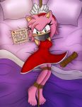  &lt;3 5_toes absurd_res amy_rose barefoot bdsm bed blush bondage bound clothed clothing darkman-zero english_text eulipotyphlan female fully_clothed gag gagged hedgehog hi_res looking_at_viewer mammal rope rope_bondage solo sonic_(series) tape tape_gag text toes 