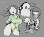  &lt;3 anthro breasts bust_portrait canid canine canis clothed clothing dialogue english_text eye_patch eyewear felid female fish fur ghost hair hi_res human latchk3y male mammal marine napstablook portrait protagonist_(undertale) simple_background smile solo spirit tem temmie_(undertale) text undertale undyne video_games white_fur 