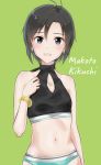  1girl antenna_hair black_bikini_top black_eyes black_hair blue_bikini_bottom bracelet breasts character_name collarbone earrings green_background hair_between_eyes highres idolmaster idolmaster_(classic) jewelry kikuchi_makoto looking_at_viewer mogskg navel open_mouth short_hair simple_background sketch small_breasts solo sports_bikini transparent 