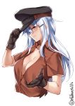  1girl blush breasts brown_gloves closed_mouth ebifurya eyebrows_visible_through_hair facial_scar flat_cap gangut_(kantai_collection) gloves grey_hair hair_between_eyes hat highres kantai_collection large_breasts long_hair military_hat no_bra peaked_cap red_eyes red_shirt scar scar_on_cheek shirt short_sleeves simple_background solo white_background 