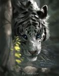  2019 black_fur blue_eyes detailed_background digital_media_(artwork) felid feral flashw fur looking_at_viewer mammal outside pantherine smile solo tiger whiskers white_fur 