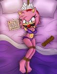  &lt;3 5_toes absurd_res amy_rose ball_gag barefoot bdsm bed blush bondage bound bra clothing darkman-zero english_text eulipotyphlan female gag gagged hedgehog hi_res lingerie looking_at_viewer mammal panties rope rope_bondage solo sonic_(series) tape text toes underwear 
