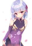  1girl bangs bare_shoulders blush breasts commentary_request detached_sleeves dress earrings eyebrows_visible_through_hair fate/grand_order fate_(series) hair_ribbon highres jewelry kama_(fate/grand_order) looking_at_viewer navel purple_sleeves red_eyes ribbon short_hair silver_hair small_breasts smile solo thighhighs yuuki_suzu_(suzuk_yuki) 