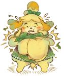  ! 2019 animal_crossing anthro blush clothed clothes_bursting clothing digital_media_(artwork) female fuzzywooly isabelle_(animal_crossing) nintendo obese obese_female overweight overweight_female simple_background solo video_games 