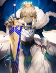  1girl ahoge armor armored_dress artoria_pendragon_(all) bangs blonde_hair blue_cape blue_dress braid cape closed_mouth crown dress excalibur fate/grand_order fate_(series) faulds french_braid fur-trimmed_cape fur_trim gauntlets green_eyes hair_between_eyes highres holding holding_sword holding_weapon juliet_sleeves light long_sleeves no-kan puffy_sleeves royal_robe saber sheath sheathed sidelocks solo sword tied_hair turtleneck_dress v-shaped_eyebrows weapon wind wind_lift 