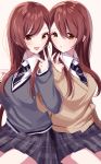  2girls :d bangs blue_neckwear breasts brown_background brown_eyes brown_hair brown_sweater collared_shirt diagonal-striped_neckwear diagonal_stripes eyebrows_visible_through_hair fingernails grey_skirt grey_sweater hair_between_eyes hand_up highres idolmaster idolmaster_shiny_colors long_hair long_sleeves medium_breasts misumi_(macaroni) multiple_girls oosaki_amana oosaki_tenka open_mouth parted_lips plaid plaid_skirt pleated_skirt shirt siblings simple_background sisters skirt sleeves_past_wrists smile striped striped_neckwear sweater twins very_long_hair white_shirt 