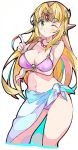  1girl ;) bare_shoulders bead_necklace beads bikini blonde_hair blue_eyes breast_hold breasts circlet cleavage closed_mouth earrings enpe eyebrows_visible_through_hair gem green_eyes hair_intakes highres jewelry long_hair looking_at_viewer medium_breasts multicolored multicolored_eyes navel necklace nintendo one_eye_closed pink_bikini princess_zelda sarong simple_background smile solo swimsuit the_legend_of_zelda the_legend_of_zelda:_a_link_between_worlds triforce white_background 