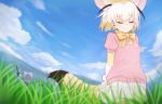  2girls animal_ears blonde_hair blue_sky blush bow closed_mouth common_raccoon_(kemono_friends) day eyes_closed facing_viewer fennec_(kemono_friends) grass kemono_friends multicolored_hair multiple_girls nyifu outdoors short_hair skirt sky smile tail two-tone_hair white_hair white_skirt yellow_bow 