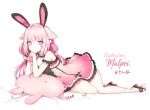  1girl animal_ears artist_name bare_arms bare_legs bunny_ears cat_ears chin_rest commission creature dress elsword eve_(elsword) expressionless full_body long_hair looking_at_viewer lying mal_poi on_side pink_dress pink_hair purple_eyes sandals short_dress simple_background solo twintails white_background 