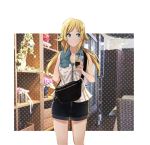  1girl ahoge bag bare_arms bare_shoulders black_shorts blonde_hair blue_eyes bottle casual chair closed_mouth collarbone cup disposable_cup drinking_straw hachimiya_meguru hair_ornament hairclip holding holding_cup idolmaster idolmaster_shiny_colors jewelry long_hair looking_away low_twintails necklace plant polka_dot potted_plant sakeharasu shirt short_shorts shorts shoulder_bag sleeveless sleeveless_shirt solo standing thighs twintails white_shirt wine_bottle 